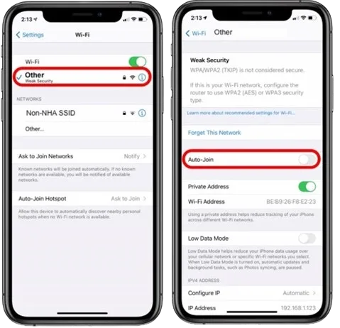iOS network settings with the Auto-Join toggle
